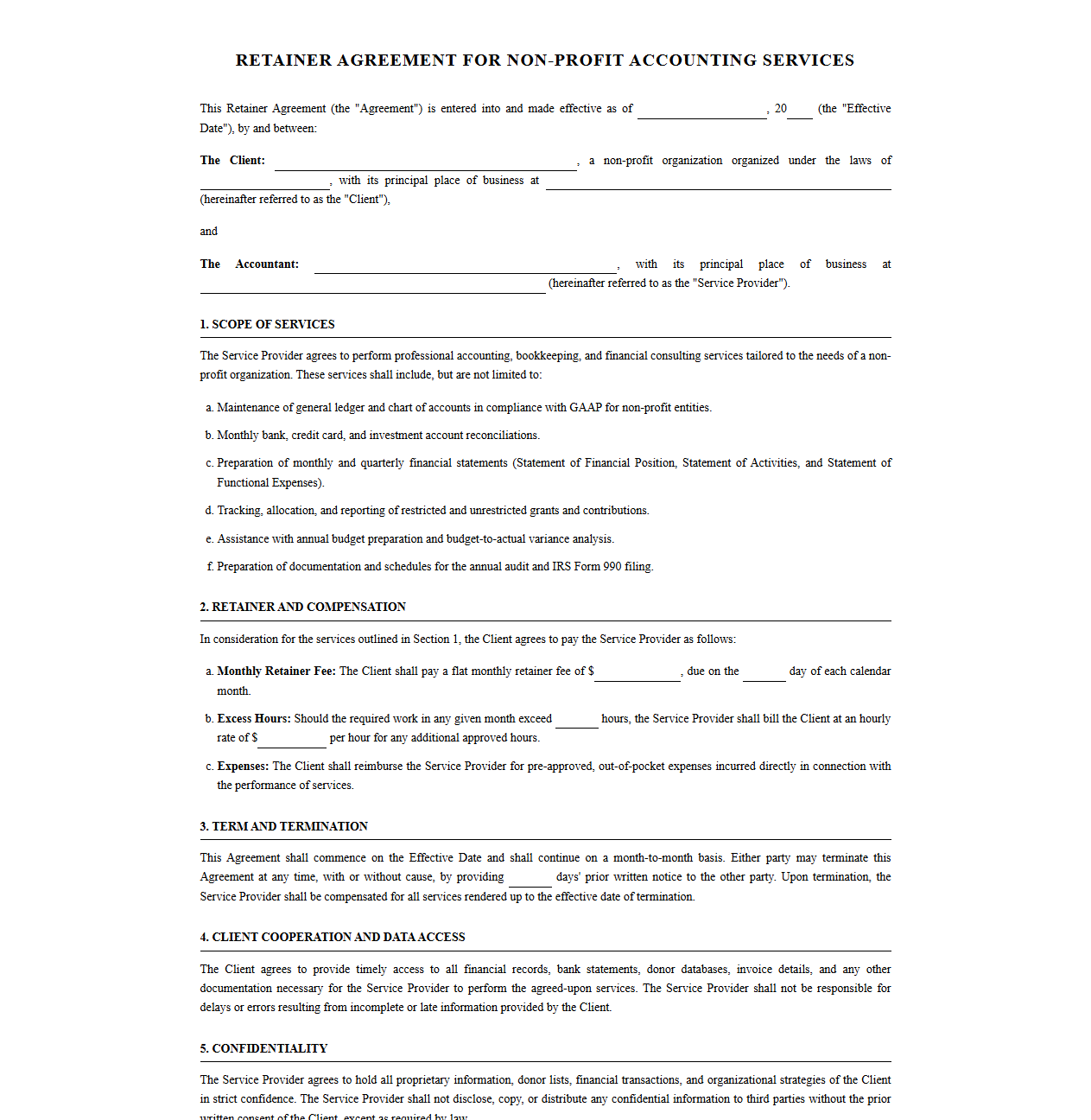 Retainer Agreement for NGO Accounting Services