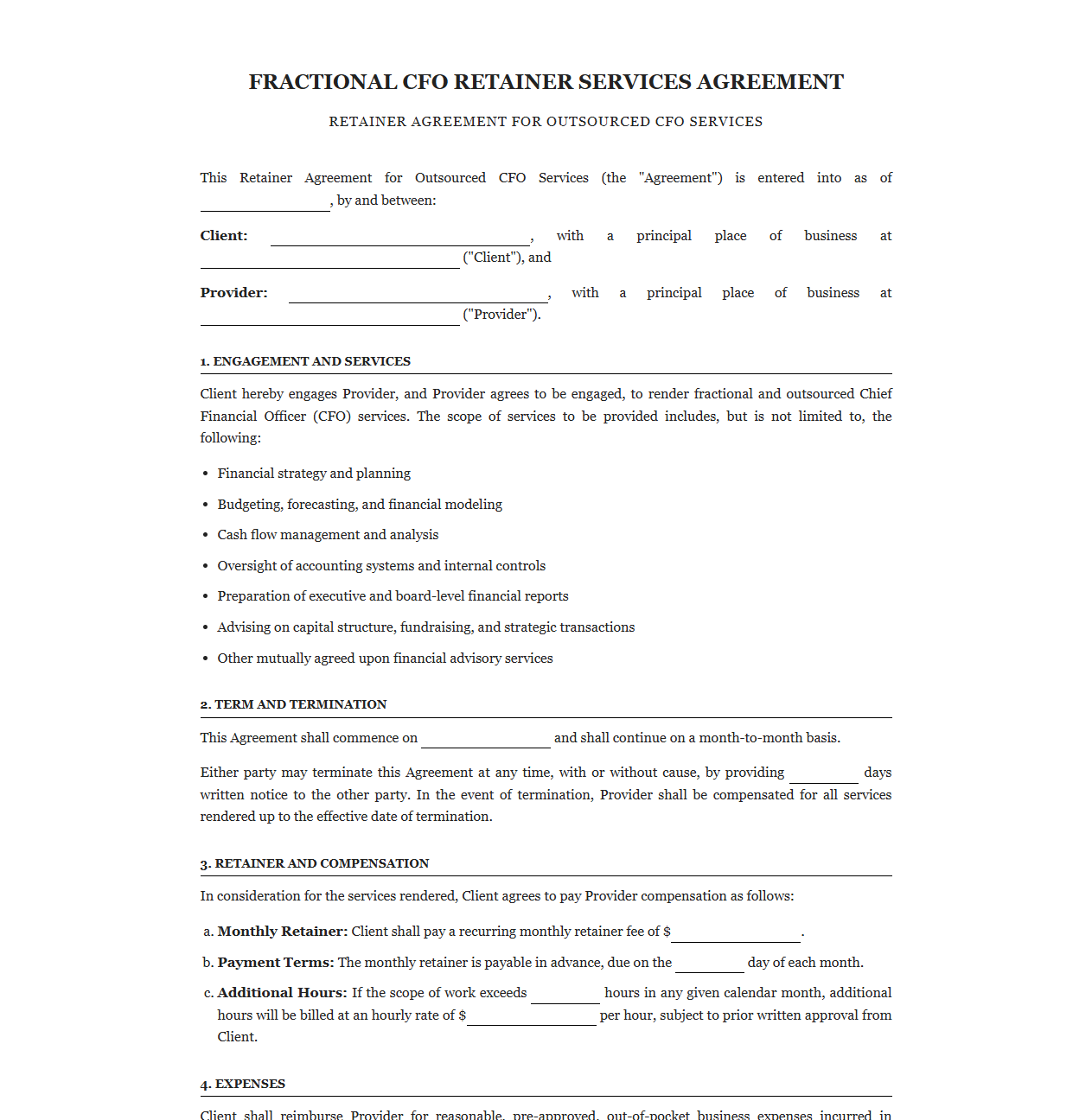 Retainer Agreement for Outsourced CFO Services