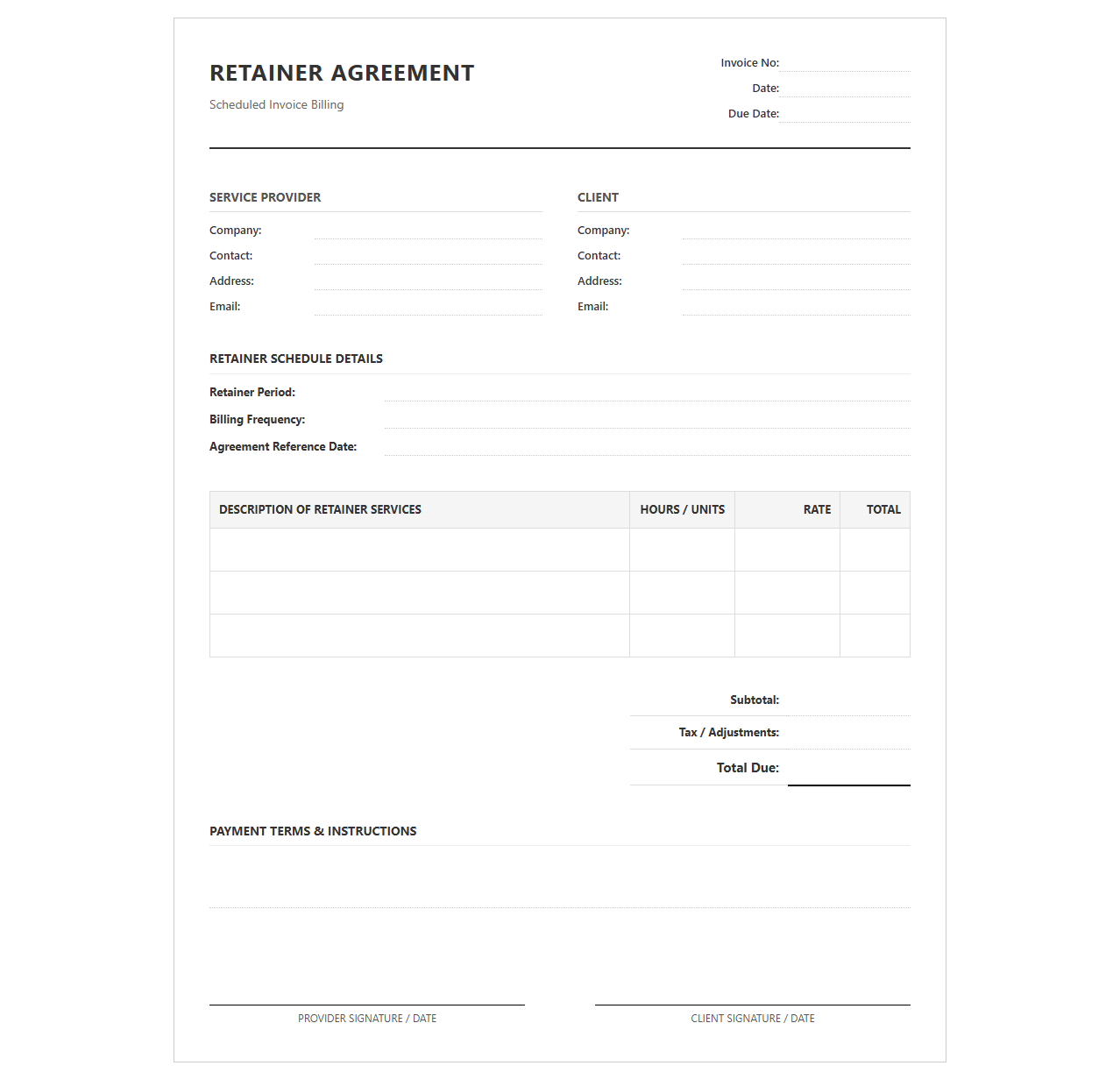 Retainer Agreement Scheduled Invoice Template