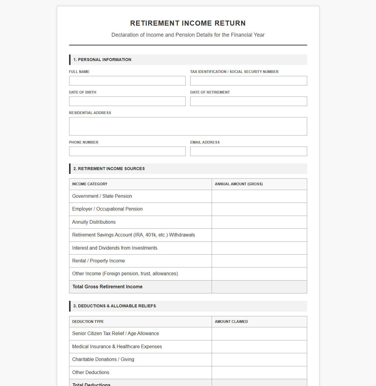Retirement Income Return Template
