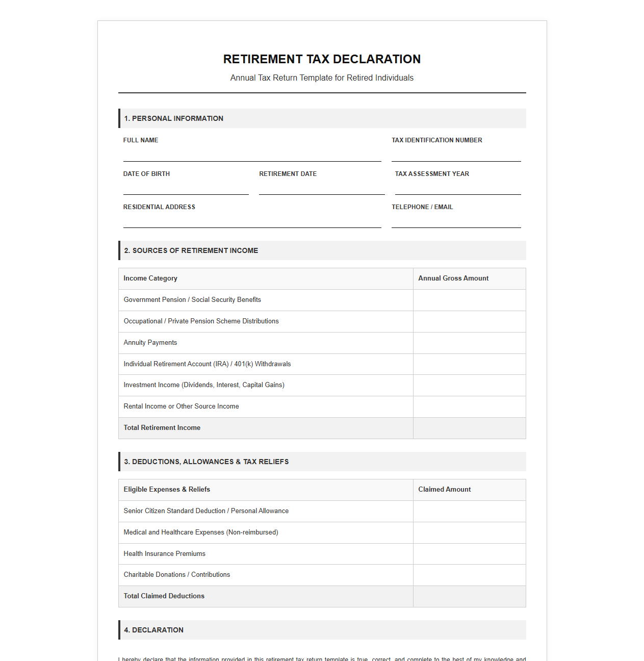 Retirement Tax Declaration Template