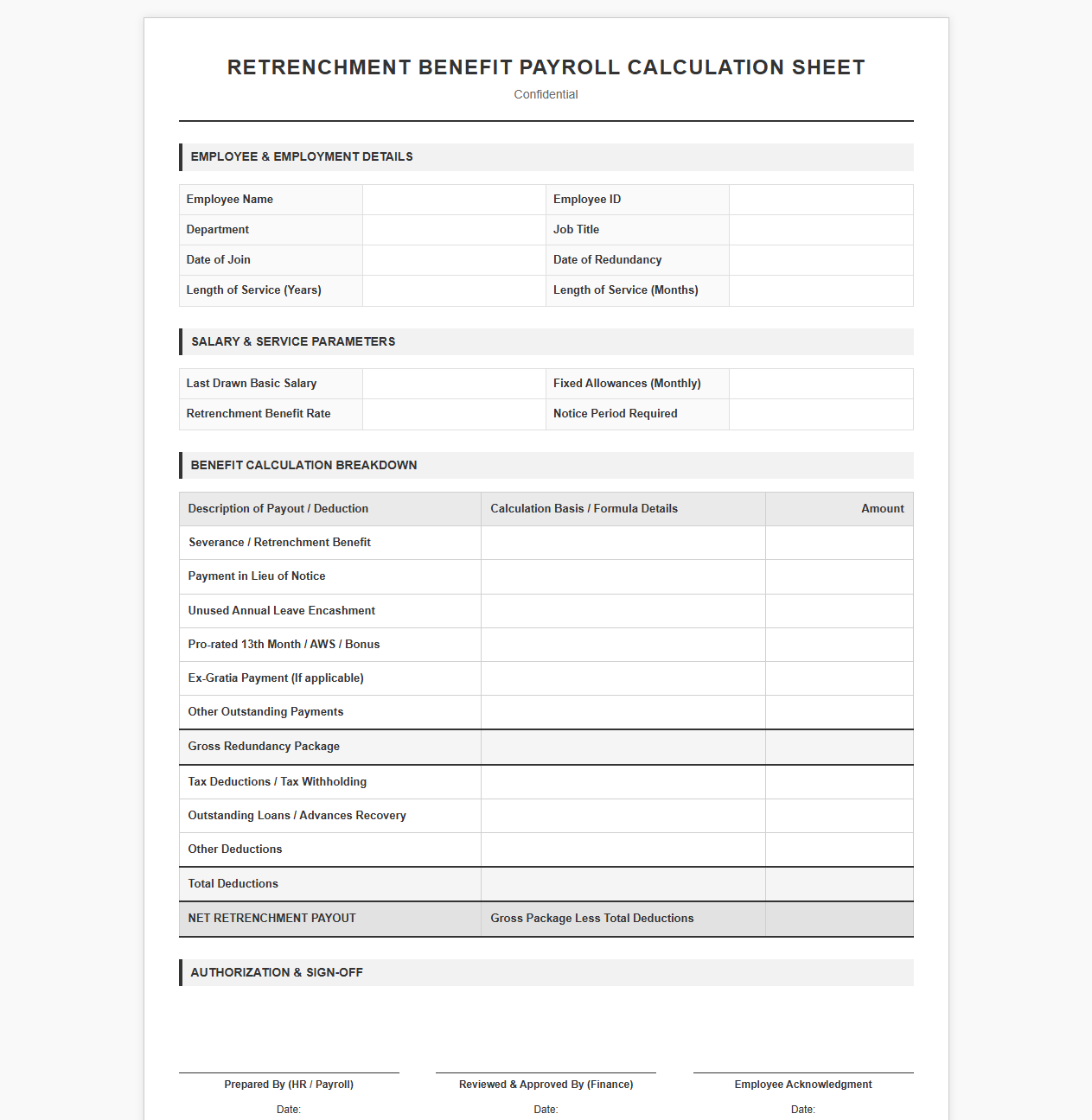 Retrenchment Benefit Payroll Calculation Sheet