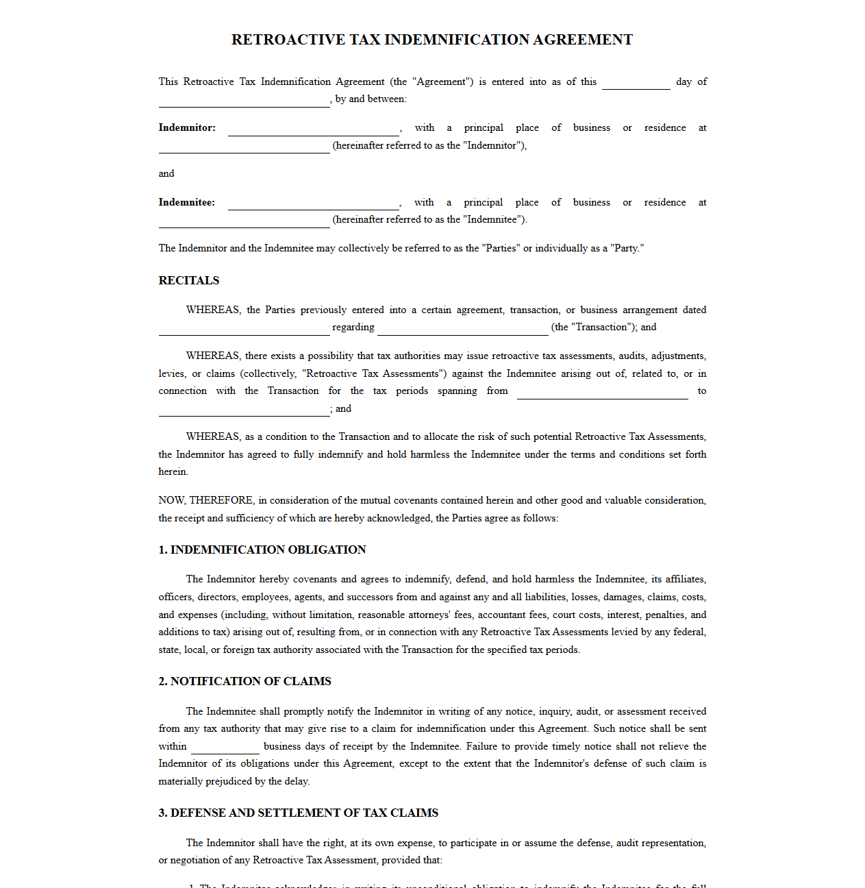 Retroactive Tax Indemnification Agreement