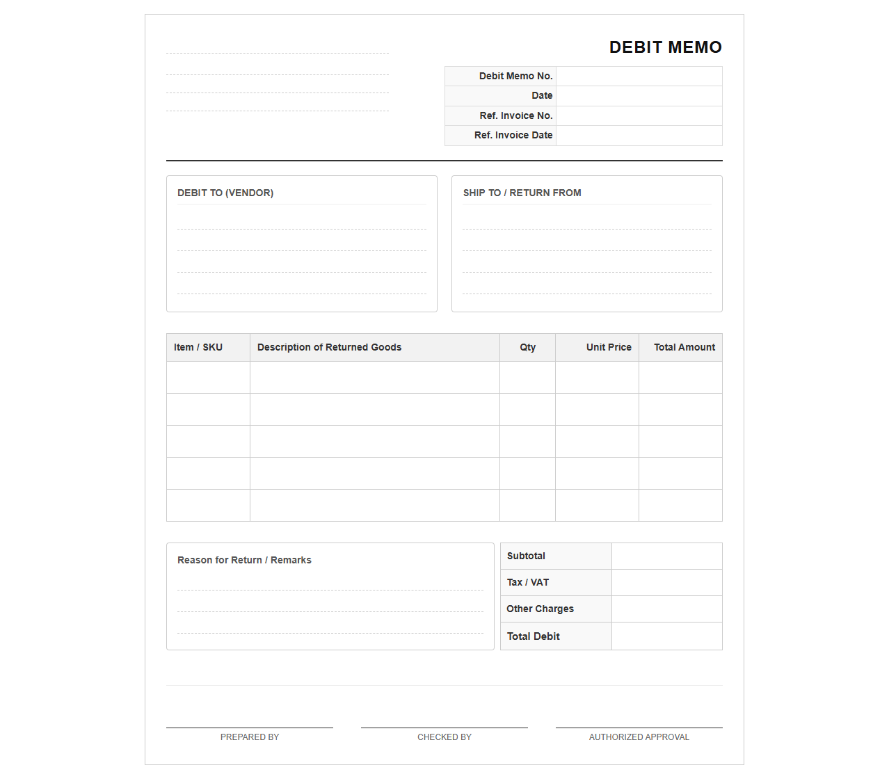 Returned Item Debit Voucher Template
