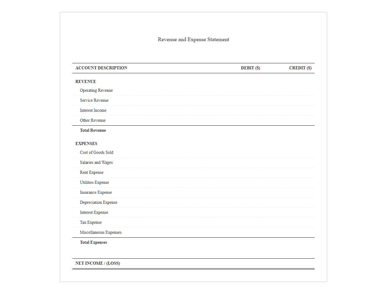 Revenue and Expense Account Statement Template