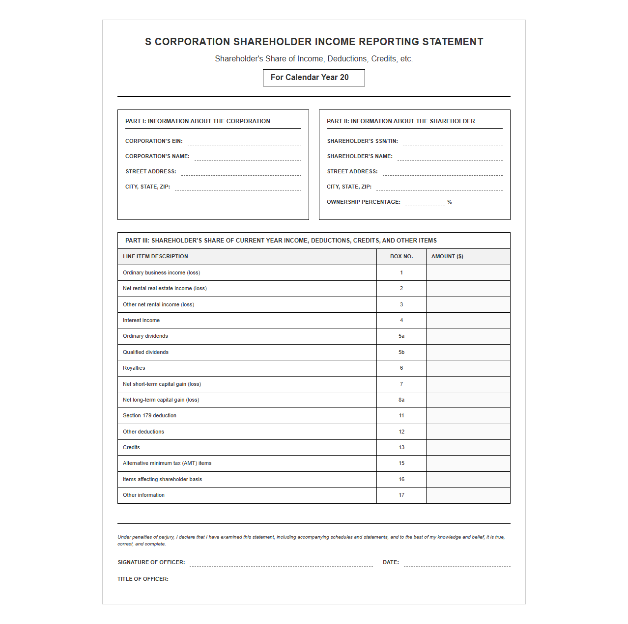 S Corp Shareholder Income Reporting Statement