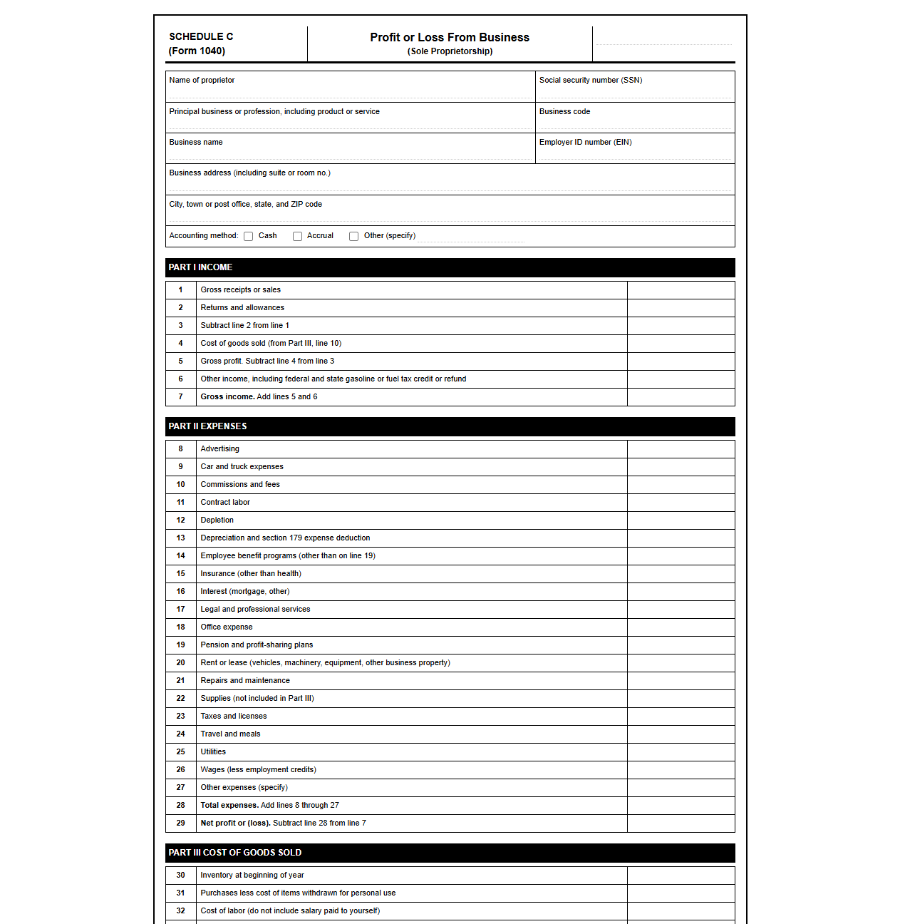 Schedule C Sole Proprietor Return Template