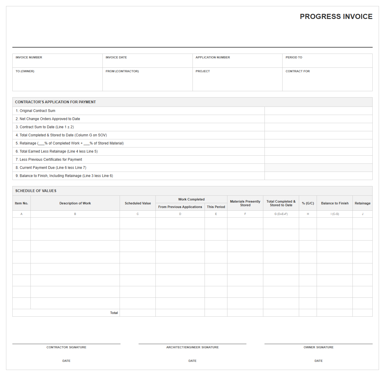 Schedule of Values Commercial Construction Invoice