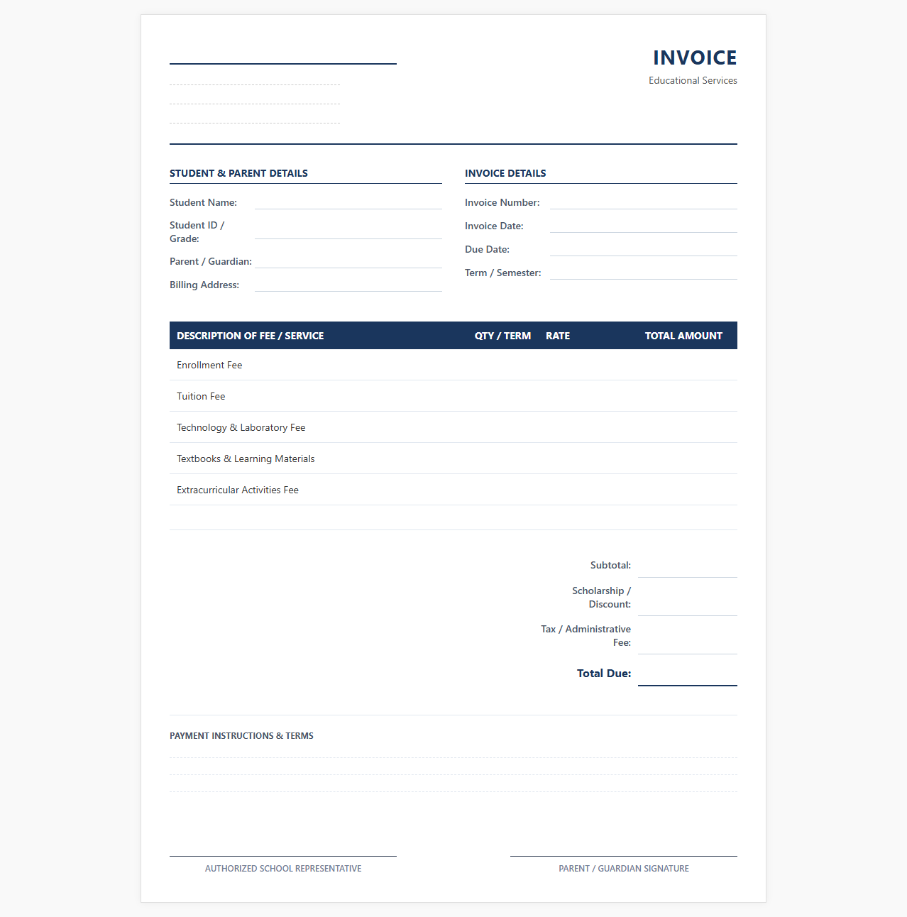 School Tuition and Enrollment Fee Invoice