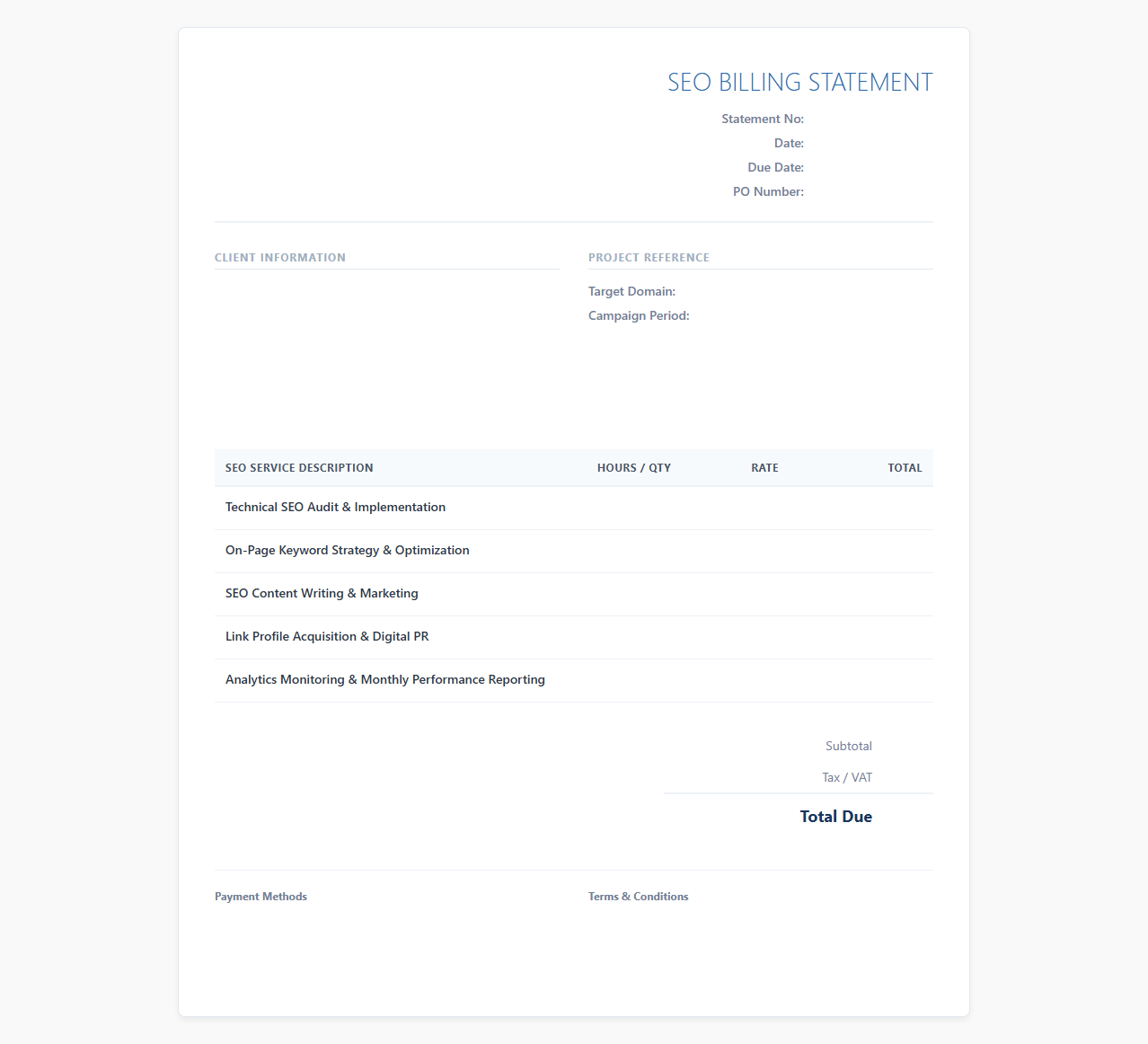 Search Engine Optimization Billing Statement