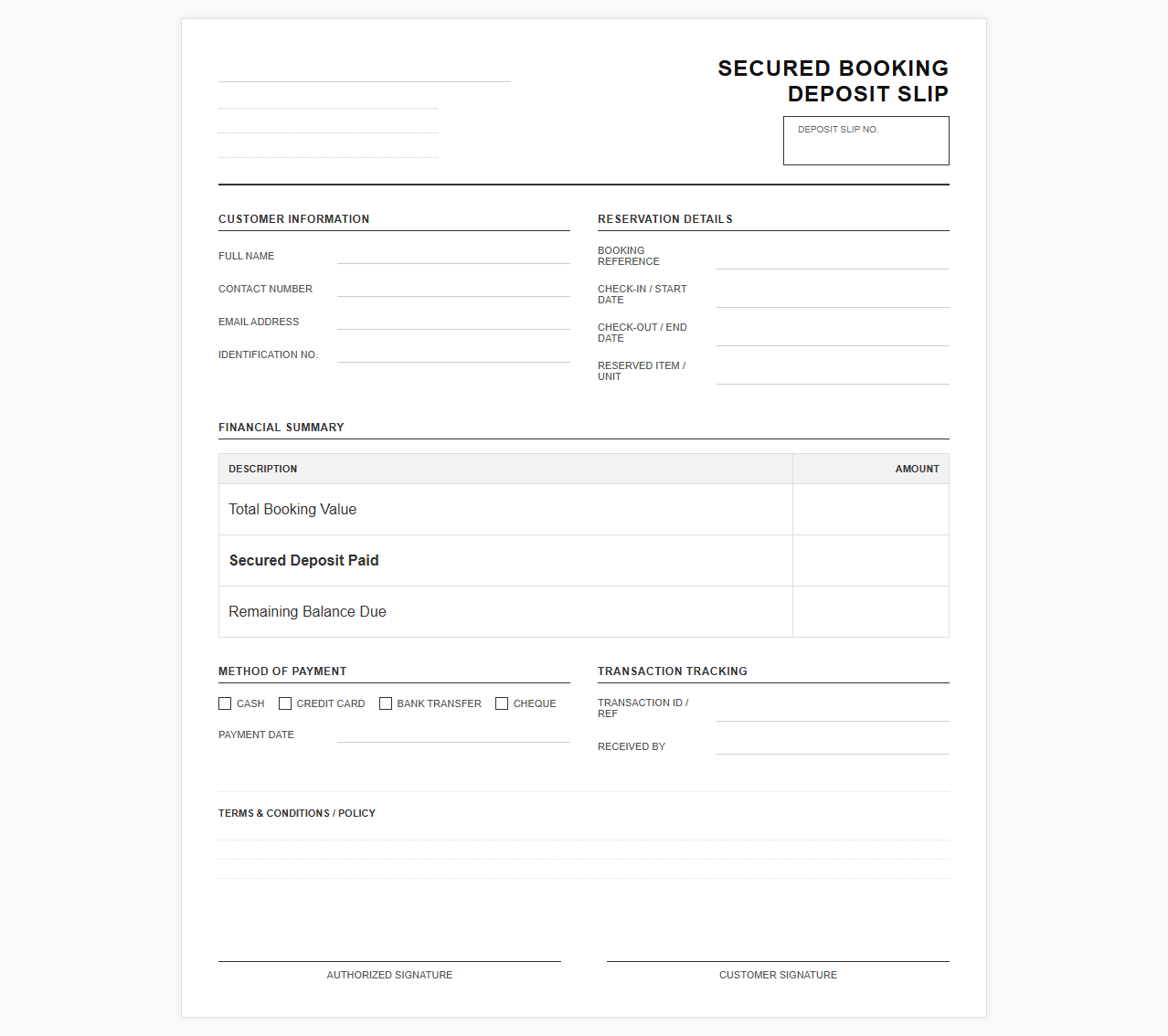 Secured Booking Deposit Slip