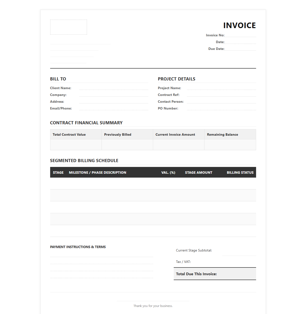 Segmented Contract Billing Invoice Template