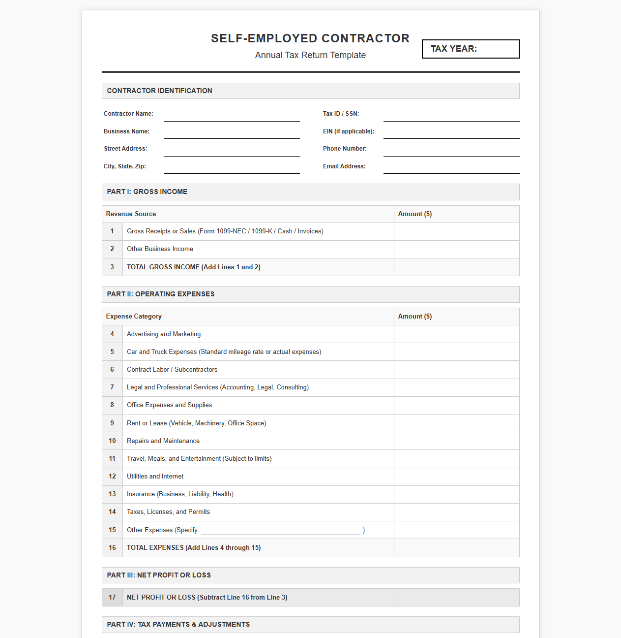Self Employed Contractor Annual Tax Return Template