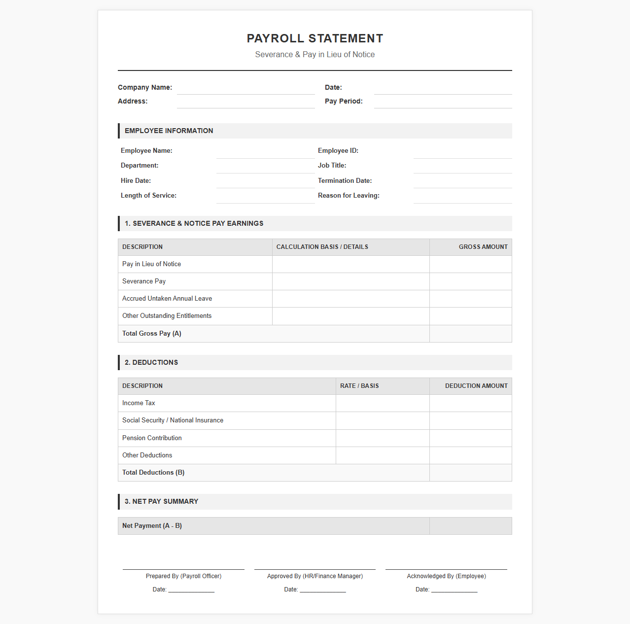 Severance and Notice Pay Payroll Template