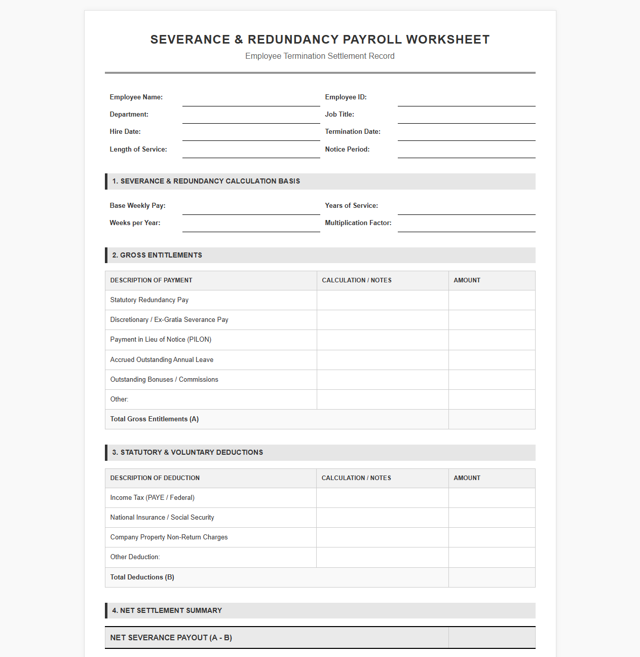 Severance and Redundancy Payroll Worksheet