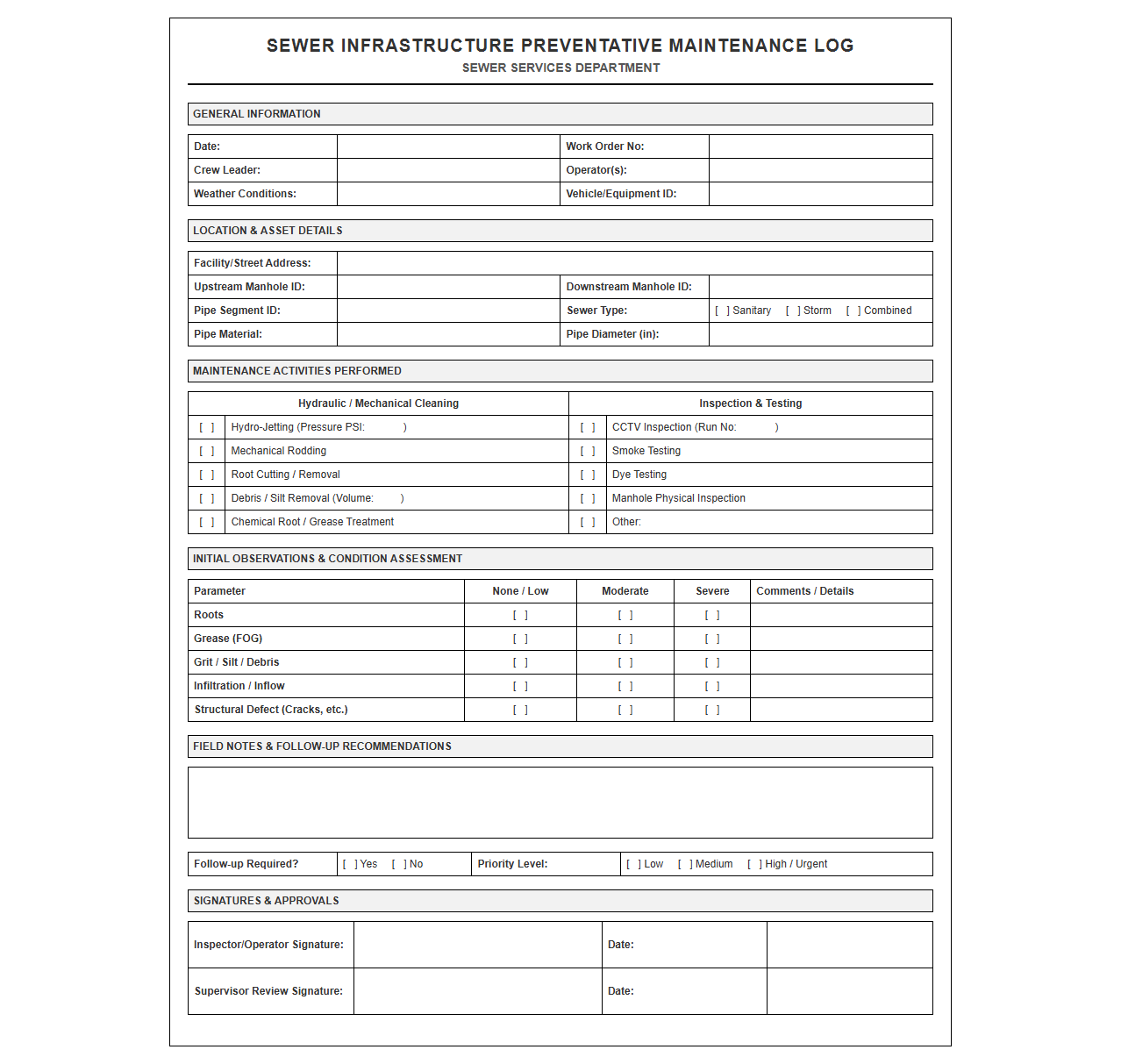 Sewer Infrastructure Preventative Maintenance Log