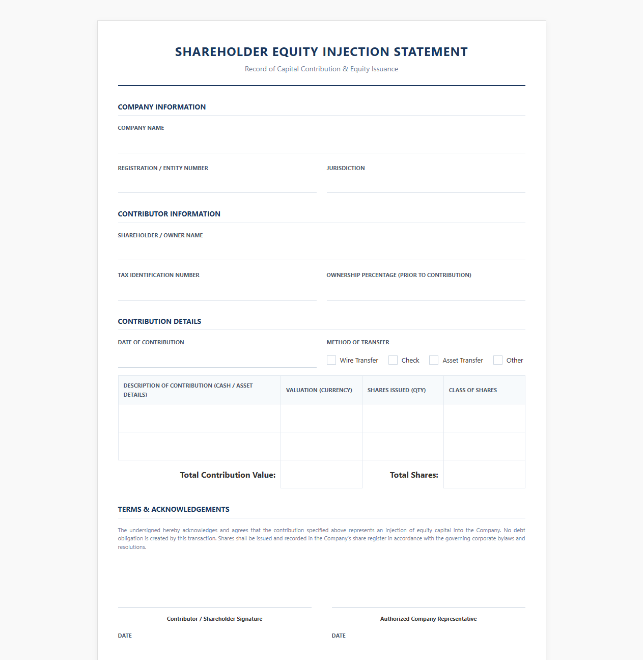 Shareholder Equity Injection Statement Form