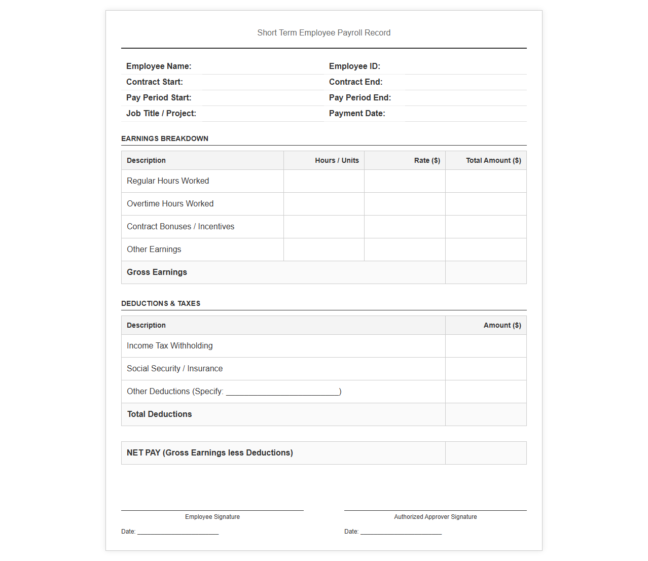 Short Term Employee Payroll Record Template