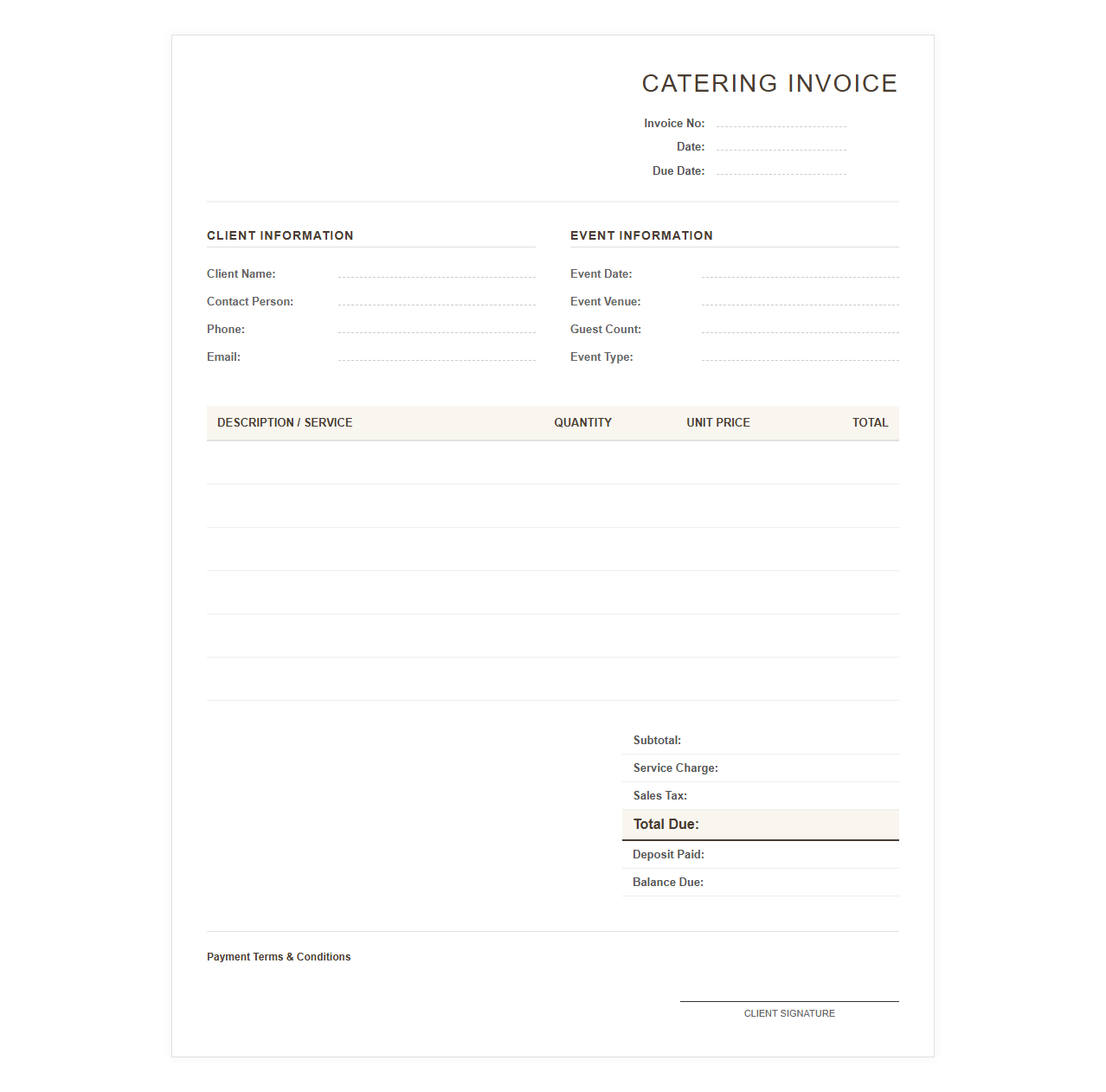 Simple Catering Event Invoice Sheet