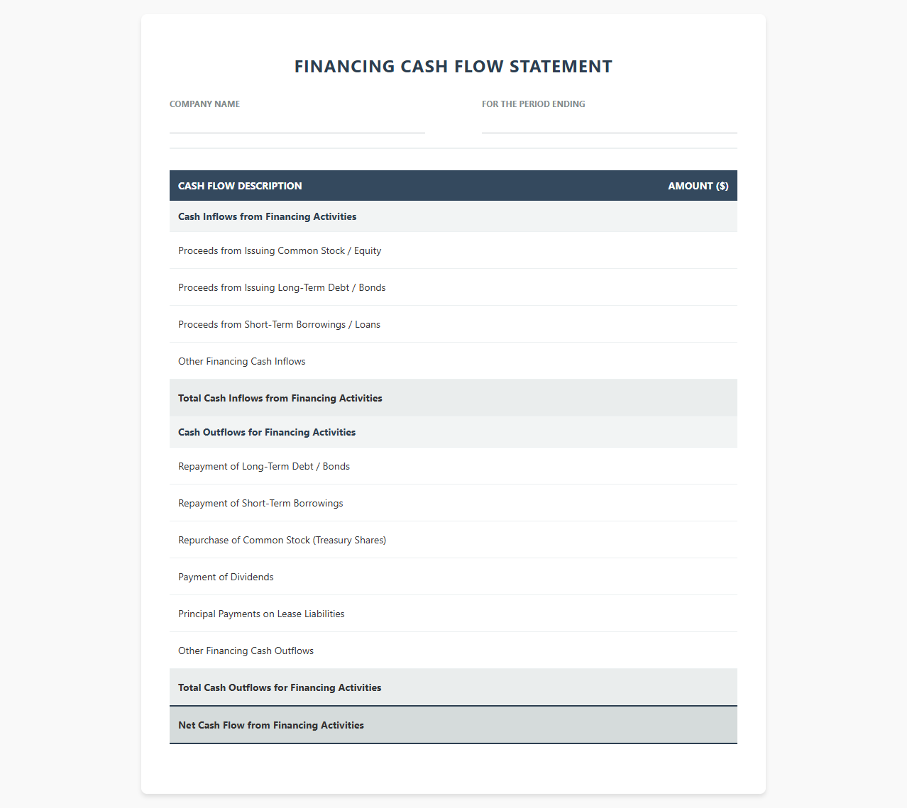Simple Financing Cash Flow Statement Template