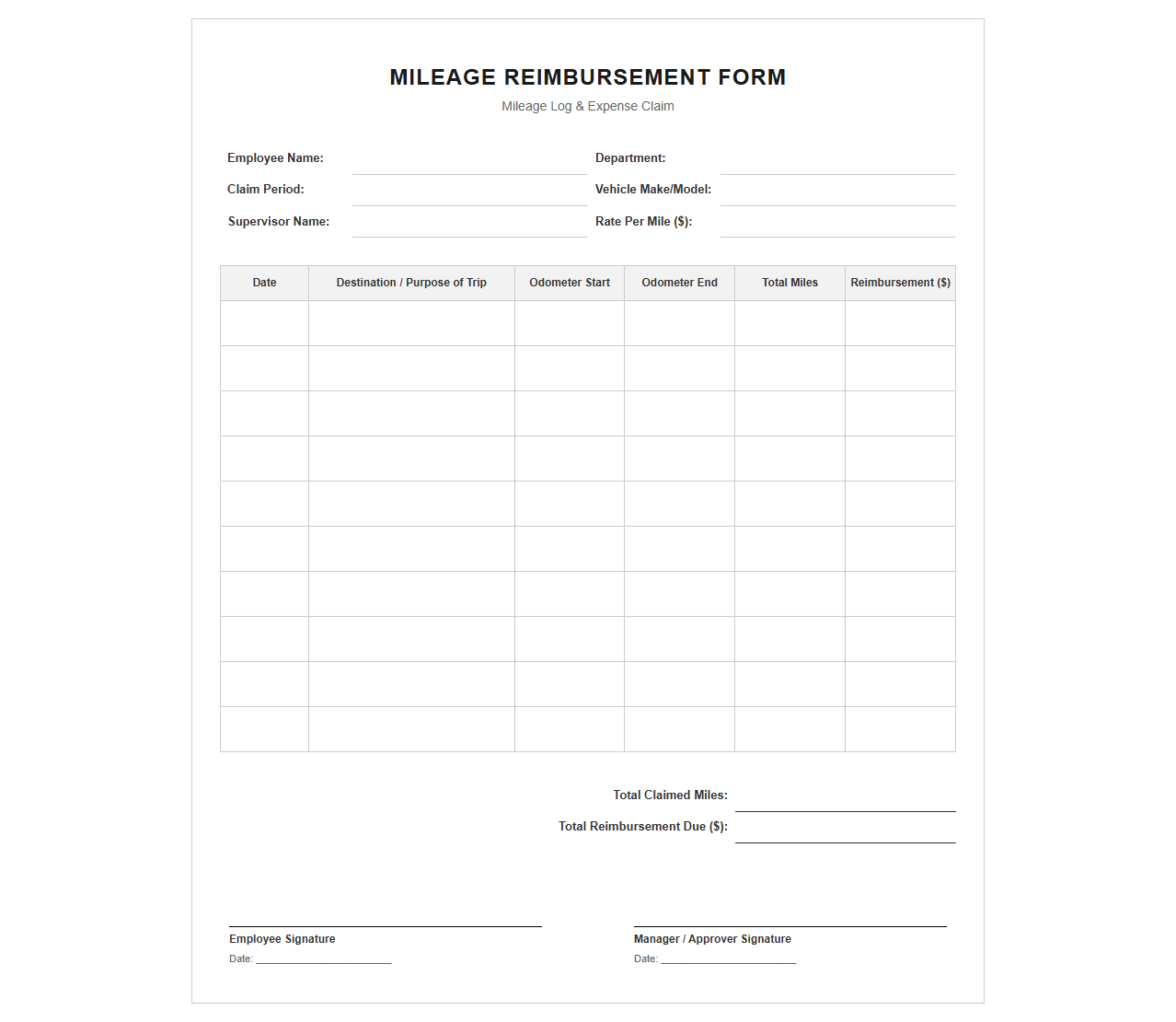 Simple Mileage Tracker and Reimbursement Document