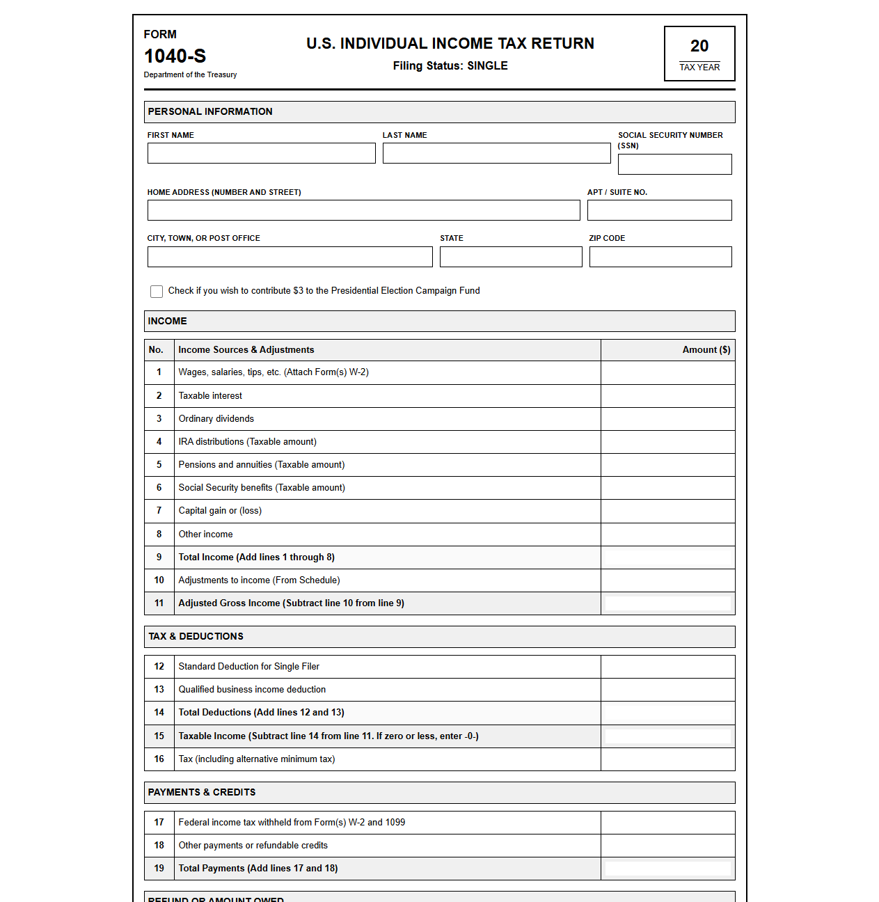 Single Filer Tax Return Template