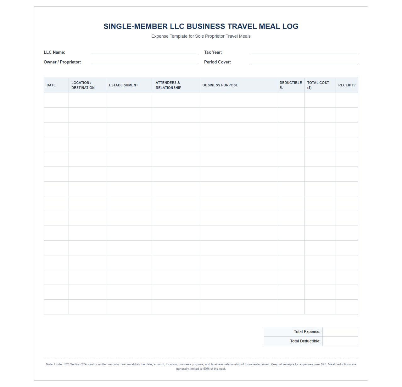 Single-Member LLC Business Travel Meal Log