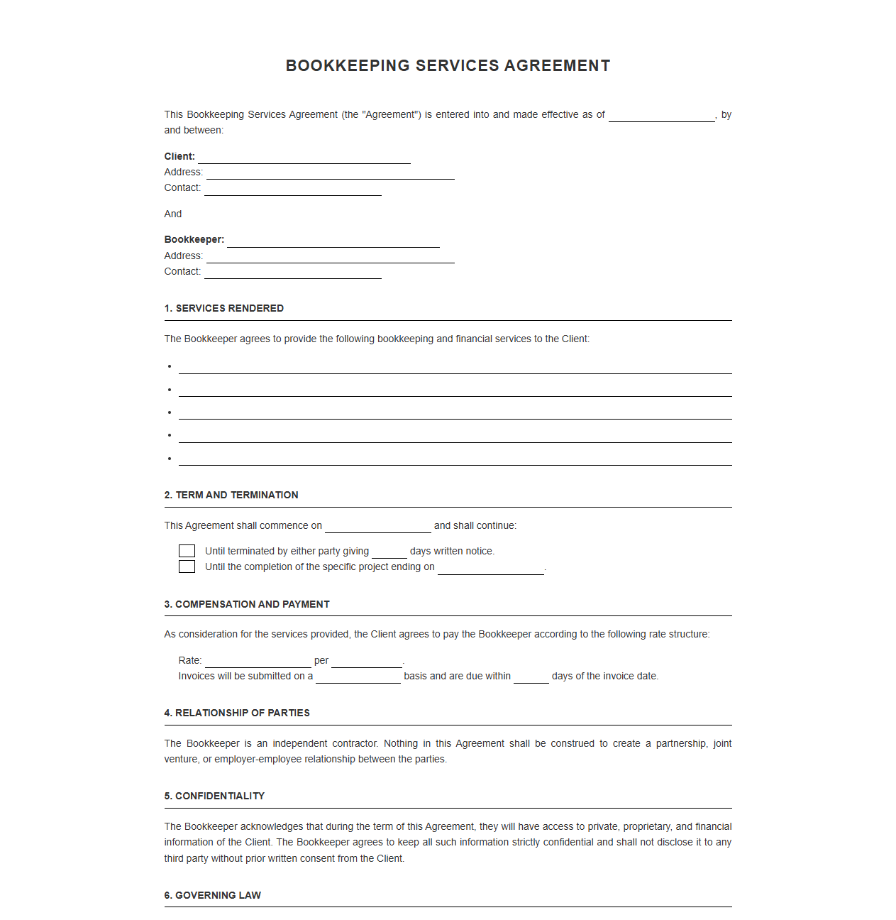 Small Business Bookkeeping Service Agreement