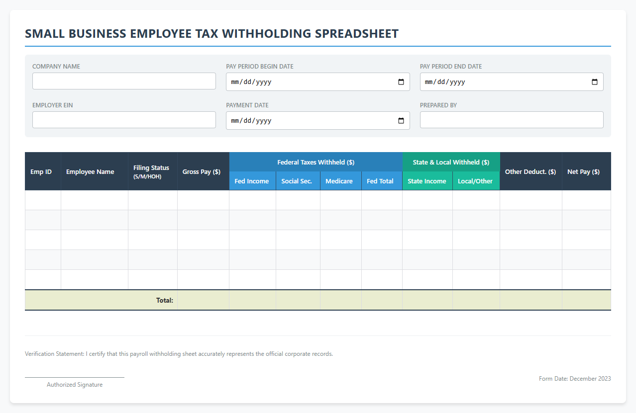 Small Business Employee Tax Withholding Spreadsheet