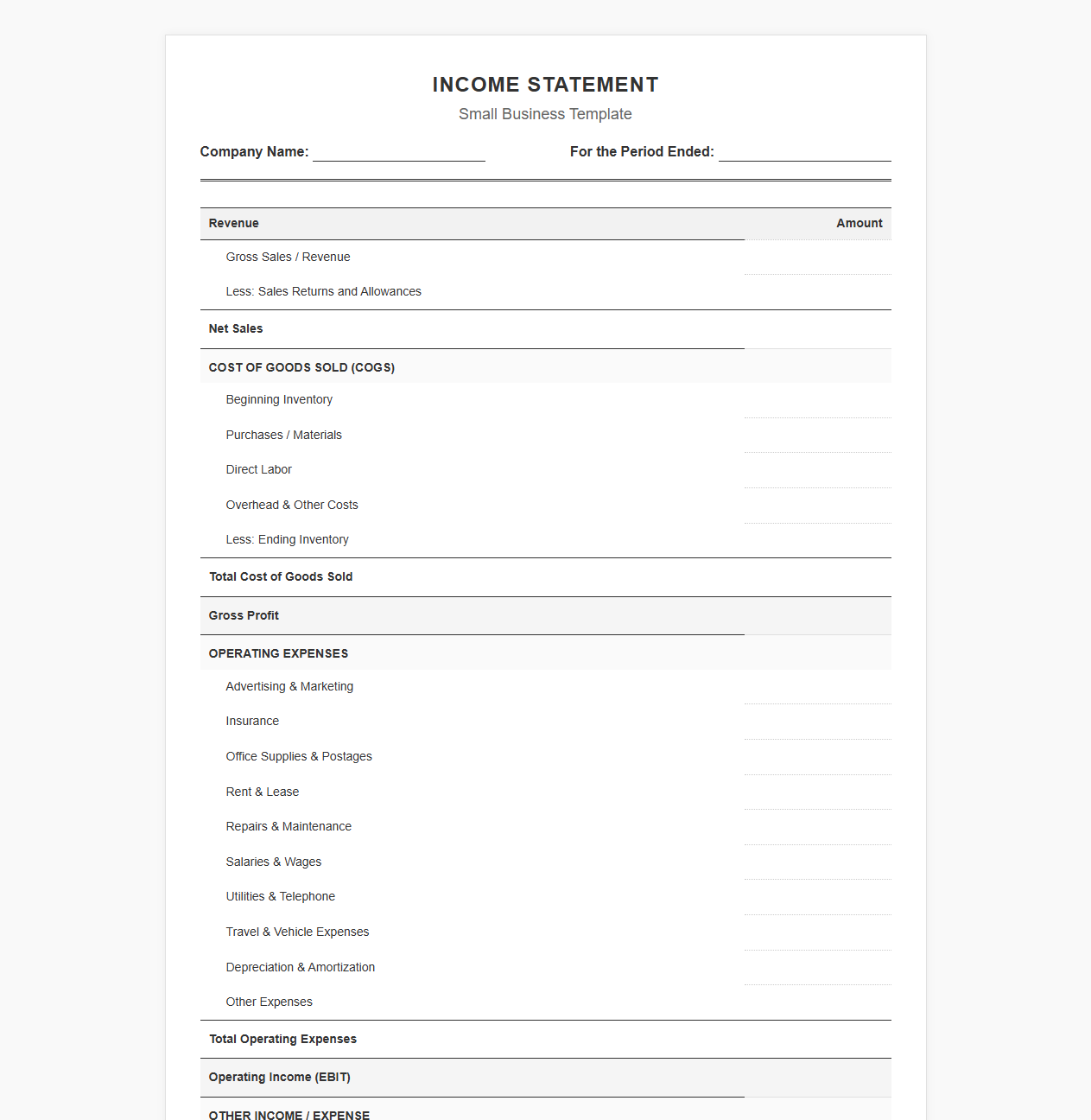 Small Business Income Statement Template