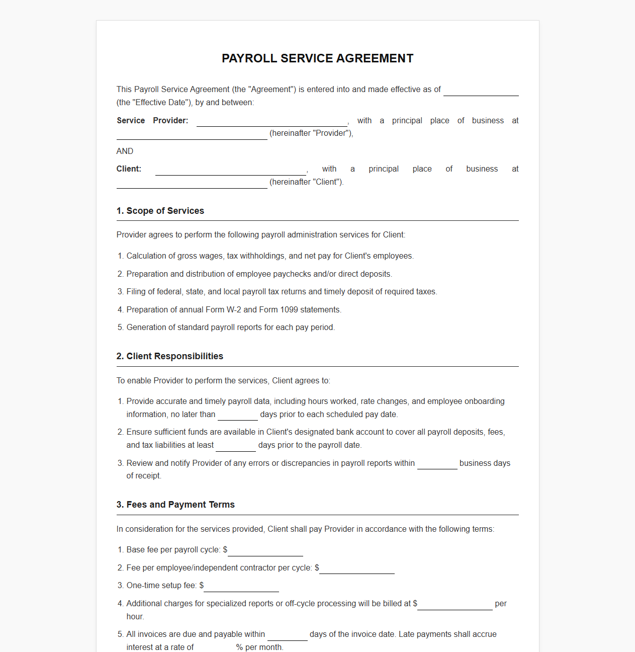Small Business Payroll Service Agreement Template