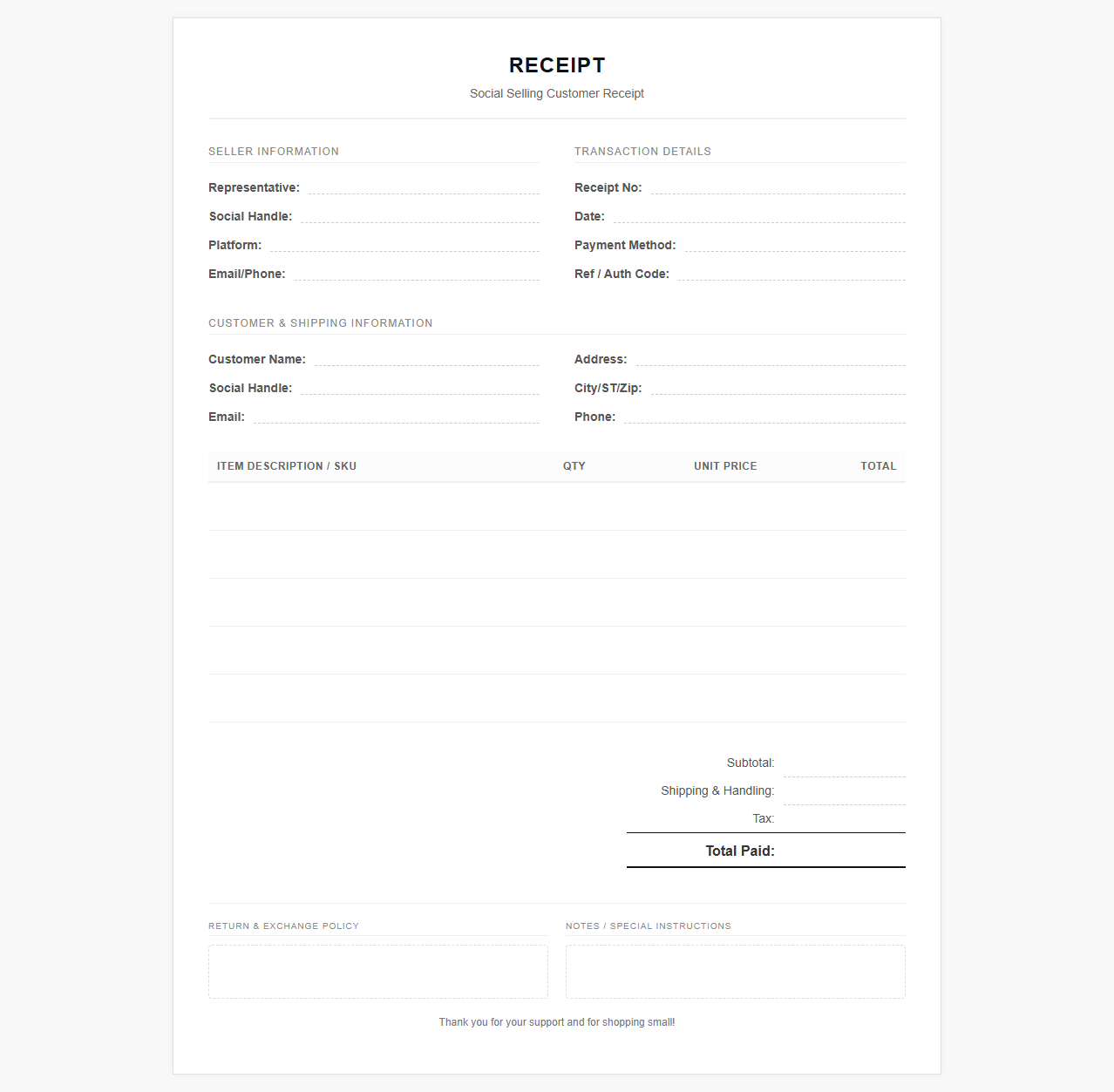 Social Selling Customer Receipt Template