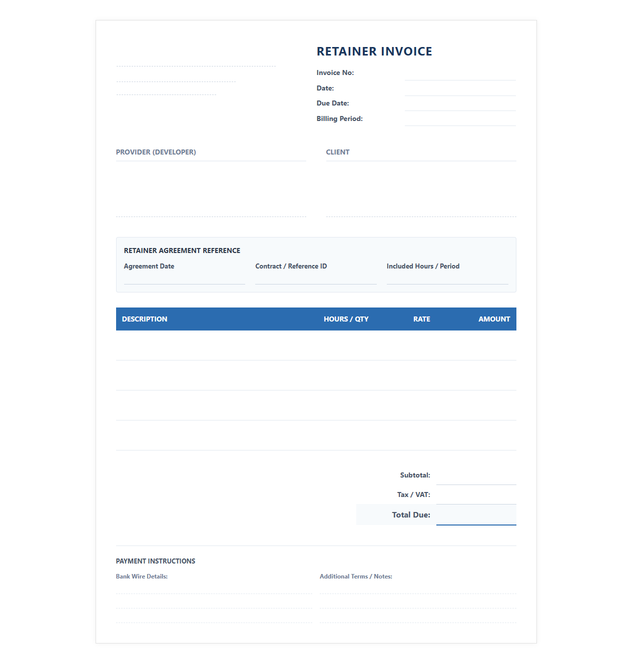 Software Development Retainer Agreement Invoice Template