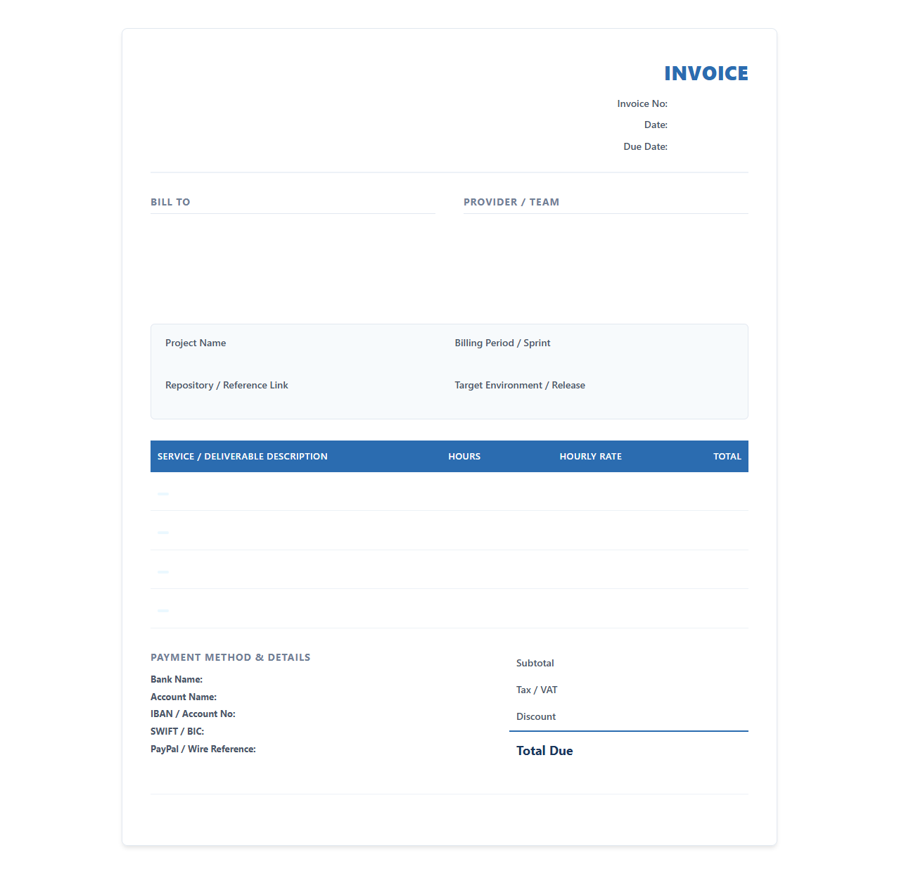 Software Development Team Billing Invoice Template
