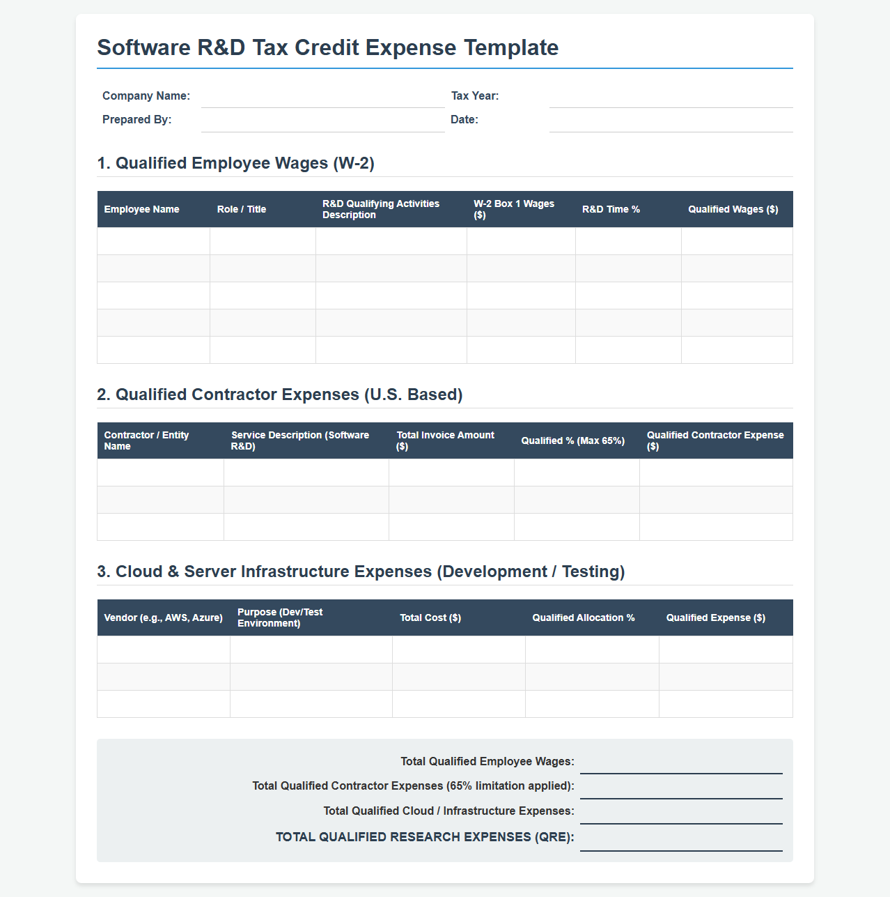 Software R&D Tax Credit Expense Template