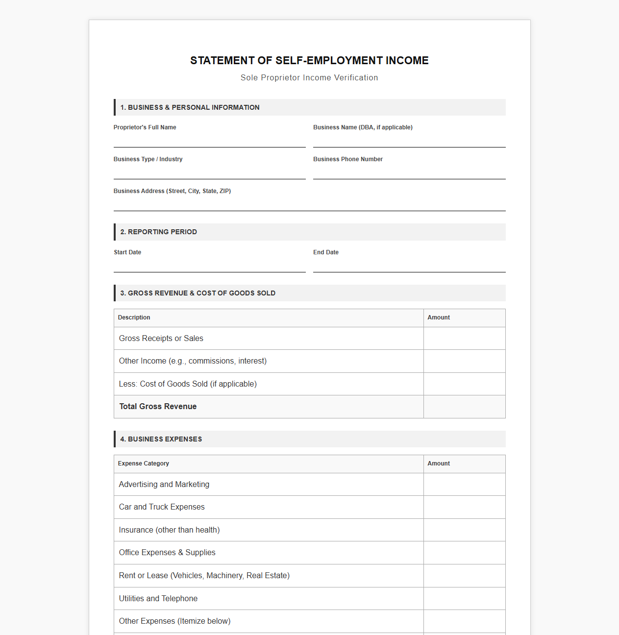 Sole Proprietor Income Verification Document