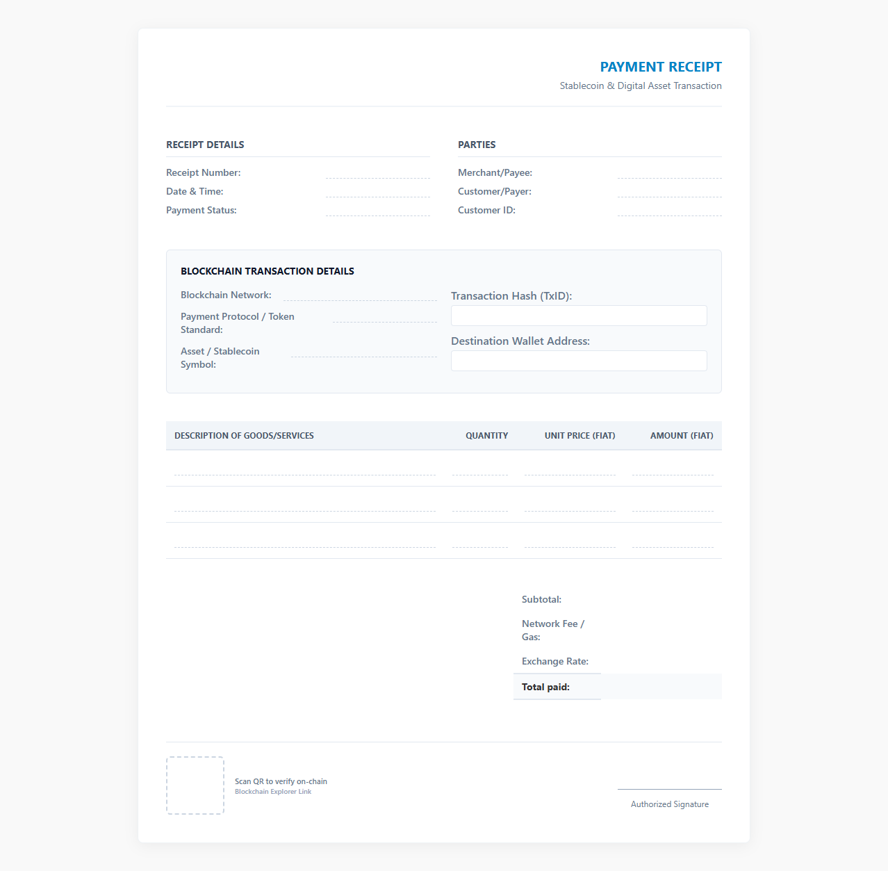 Stablecoin and Crypto Payment Receipt Document