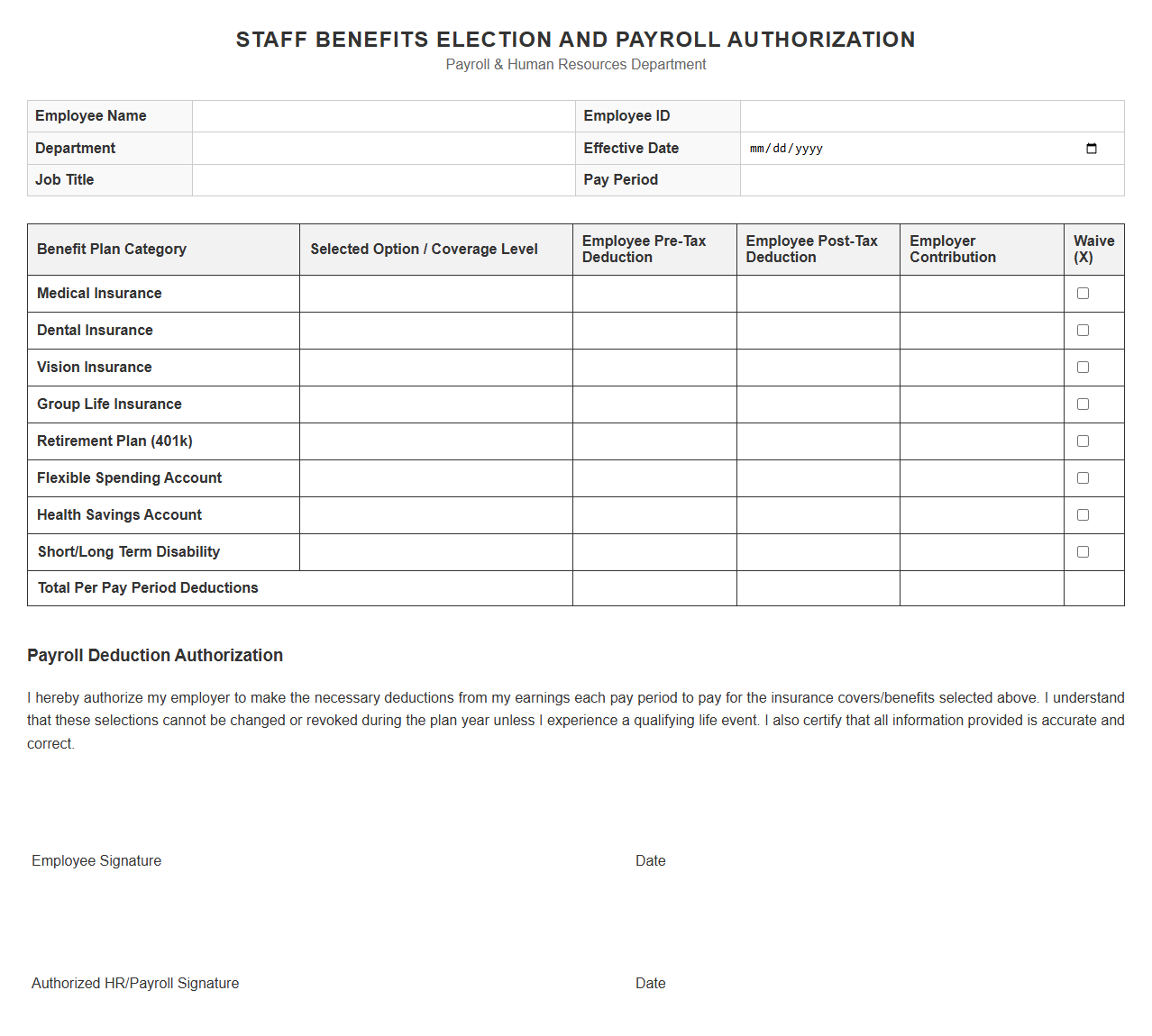 Staff Benefits Election and Payroll Authorization Spreadsheet