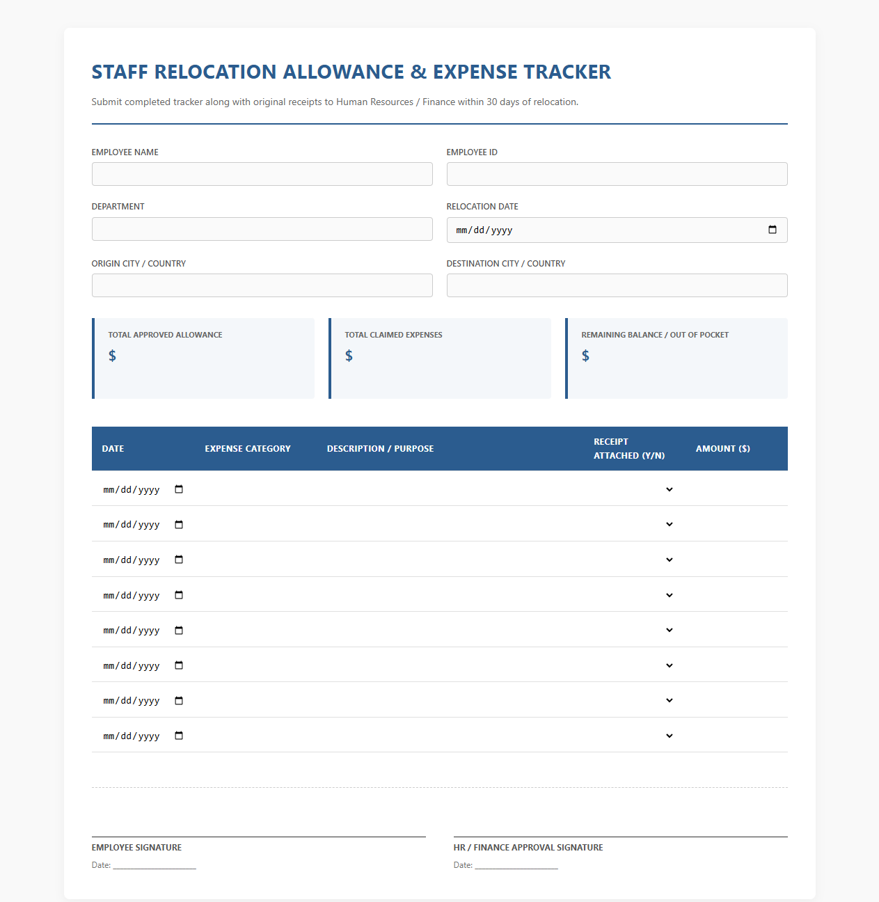 Staff Relocation Allowance and Expense Tracker
