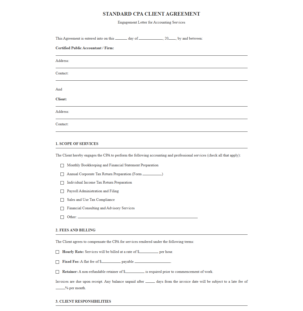 Standard CPA Client Agreement Template