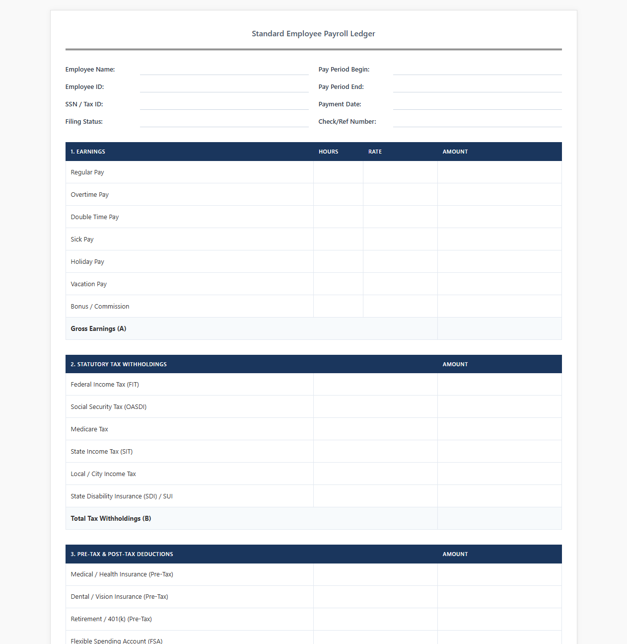 Standard Employee Payroll Ledger with Tax Withholdings