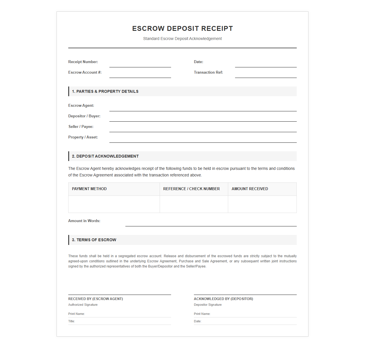 Standard Escrow Deposit Acknowledgement Receipt