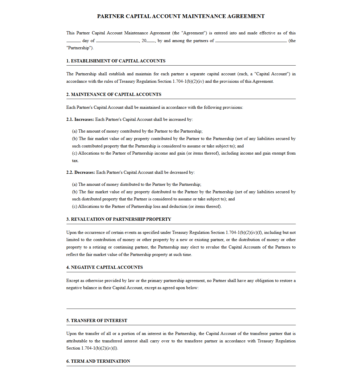 Standard Partner Capital Account Maintenance Contract