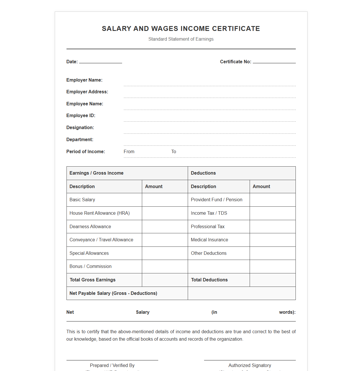Standard Salary and Wages Income Certificate Template
