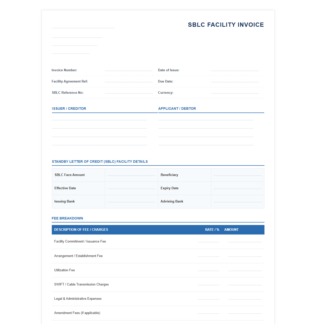 Standby Letter of Credit Facility Invoice Template