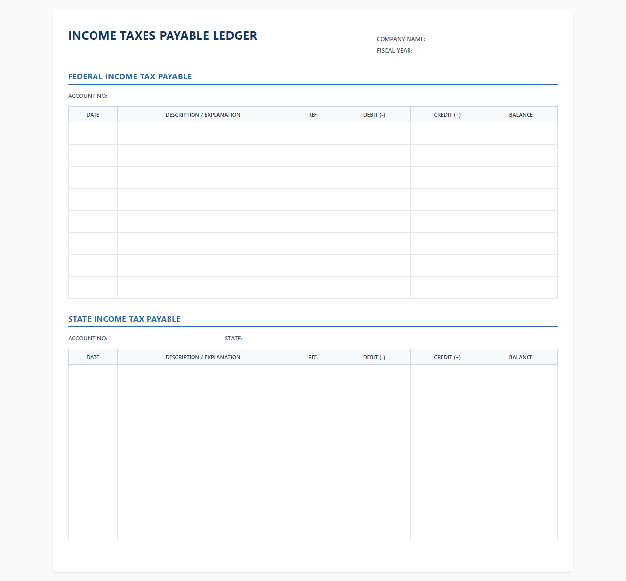State and Federal Income Tax Payable Ledger