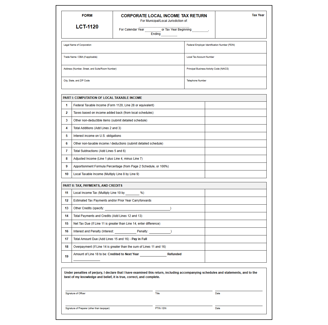 State and Local Corporate Tax Return Template