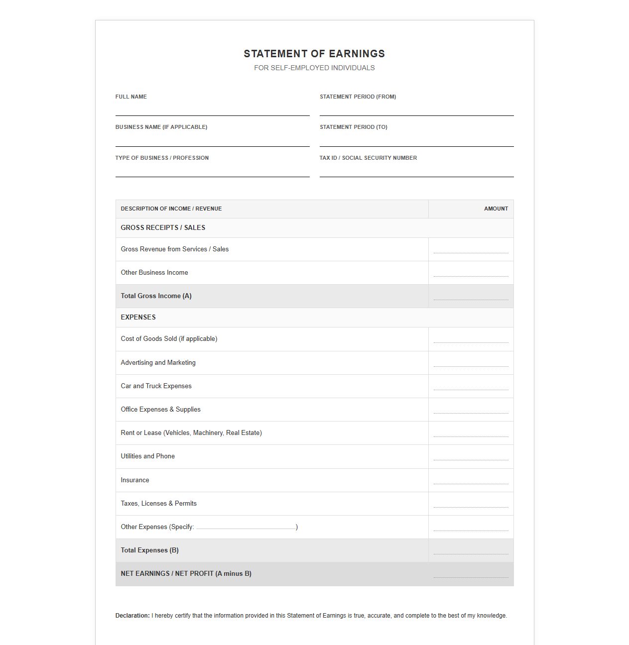 Statement of Earnings for Self-Employed Individuals