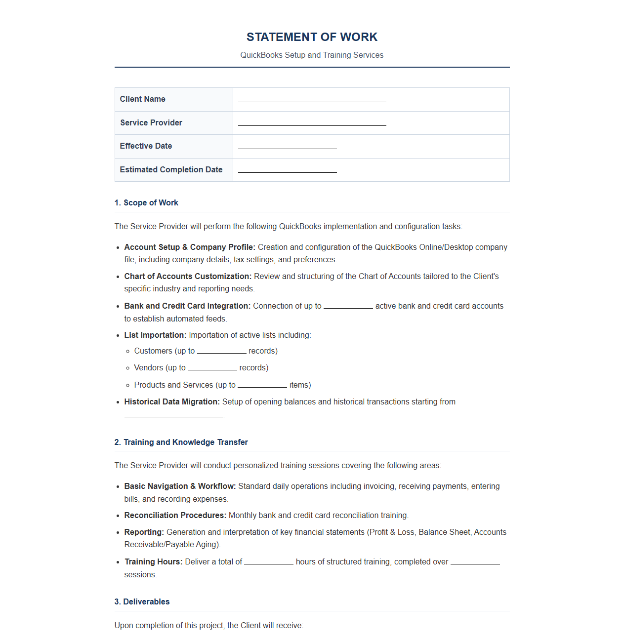 Statement of Work for QuickBooks Setup and Training