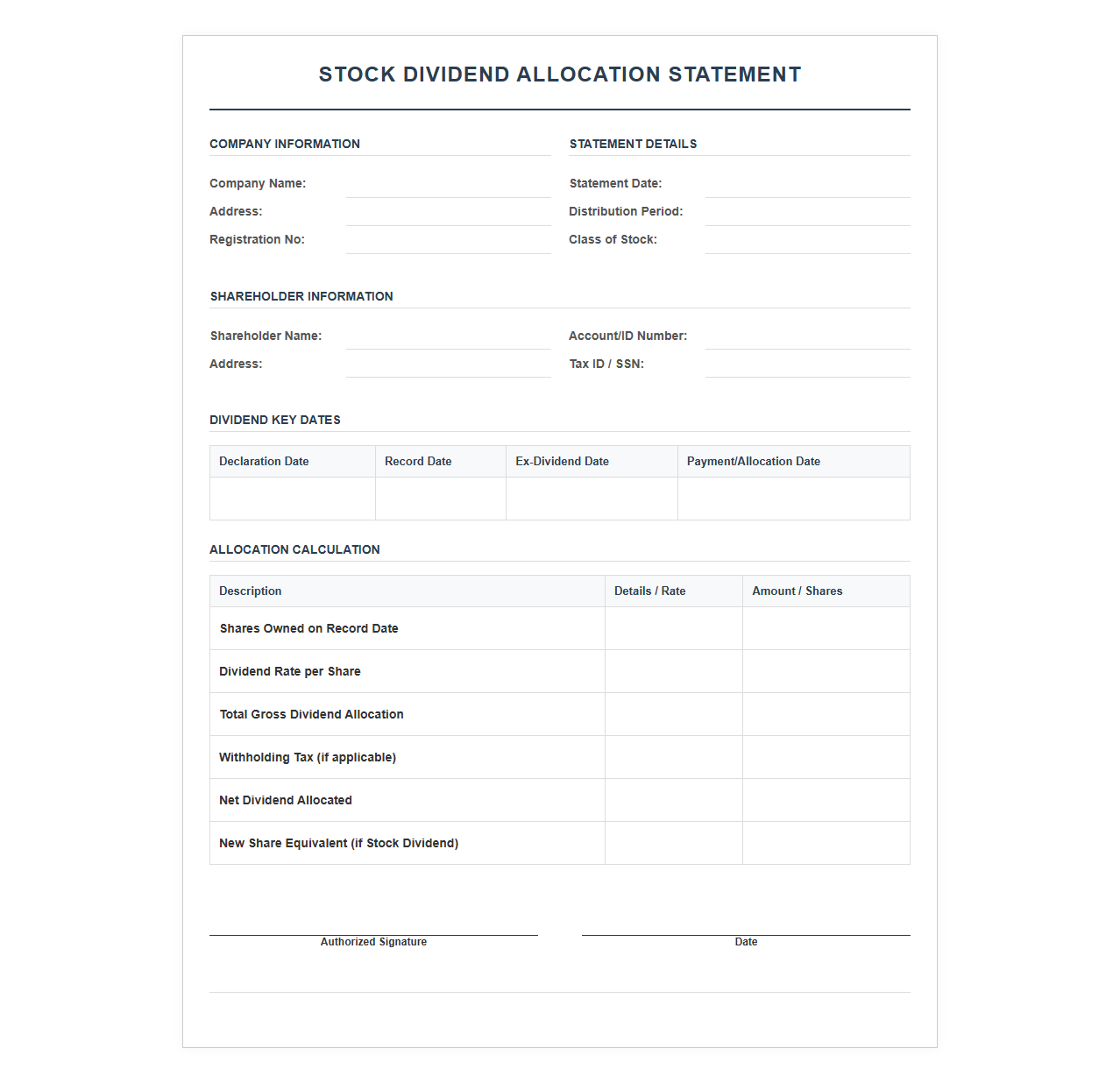 Stock Dividend Allocation Statement Template